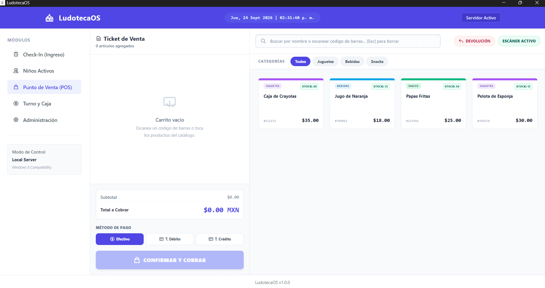 Punto de venta de LudotecaOS con catálogo de productos, ticket y métodos de pago.