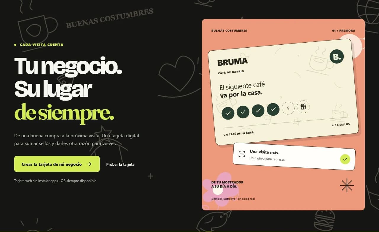 Portada pública de Premora con una tarjeta ilustrativa de Café Bruma y cuatro de seis sellos de ejemplo.