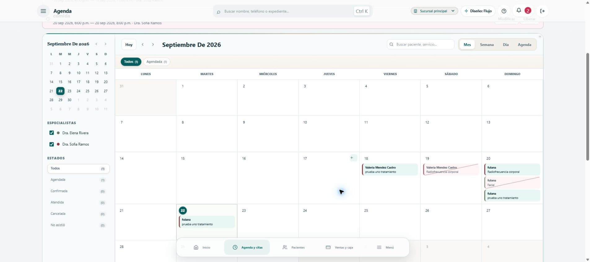 Agenda mensual de Rexpedi con citas ficticias, filtros de especialistas y estados de atención.
