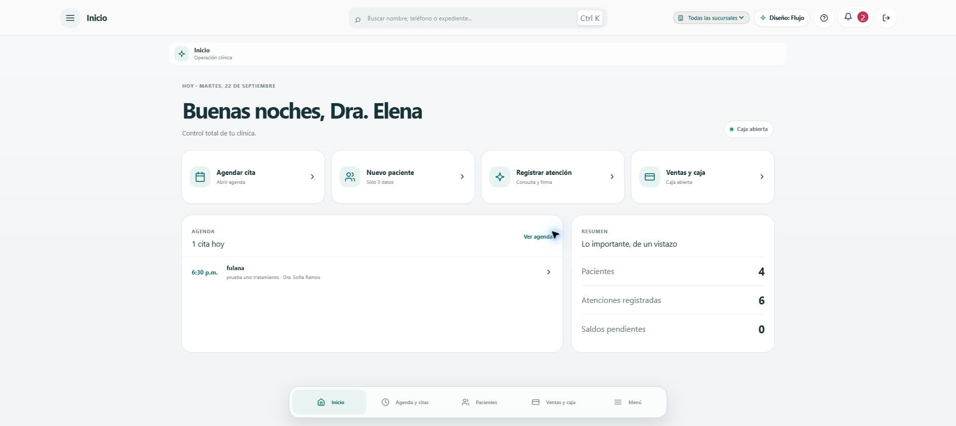 Inicio de Rexpedi con accesos a agenda, pacientes, atención y ventas, y un resumen de actividad ficticia.
