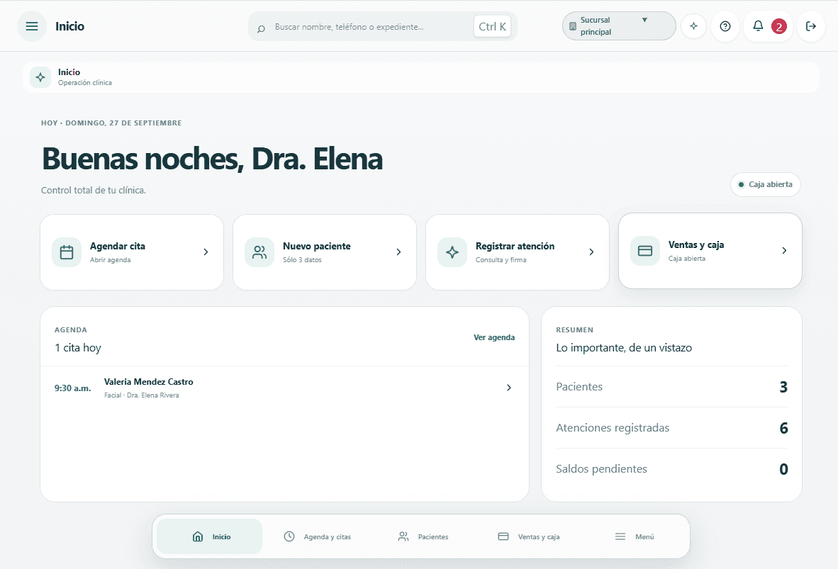 Inicio de Rexpedi en tablet, con agenda, accesos a atención y navegación adaptada.